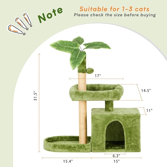 31.5" Cat Tree Tower for Indoor Cats with Green Leaves, Cat Condo Cozy Plush with Hang Ball and Leaf Shape Design, Cat Furniture Pet House with Scratching Posts, Green