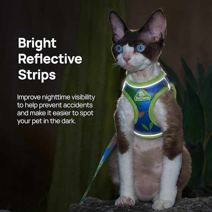 Cat Harness and Leash Set, Step-in Escape Proof Adjustable Vest Harness for Small Medium Large Cats, Lightweight Soft Breathable Reflective Kitten Harness for Walking Travel, Camping(Hawaii Green, L)