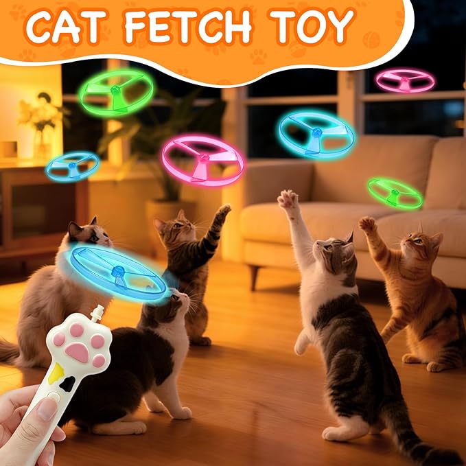 Cat Fetch Toy, Flying Cat Toy Disc Launcher with 6 Soft & Flexible Discs, Cat Toys for Indoor Cats, Interactive Cat Toy for Bored Kittens & Adult Cats