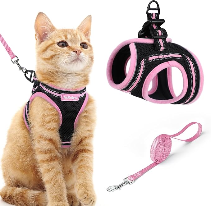 rabbitgoo Cat Harness and Leash Set for Walking Escape Proof, Adjustable Soft Kittens Vest with Reflective Strip for Cats, Comfortable Outdoor Vest, Black & Pink, M