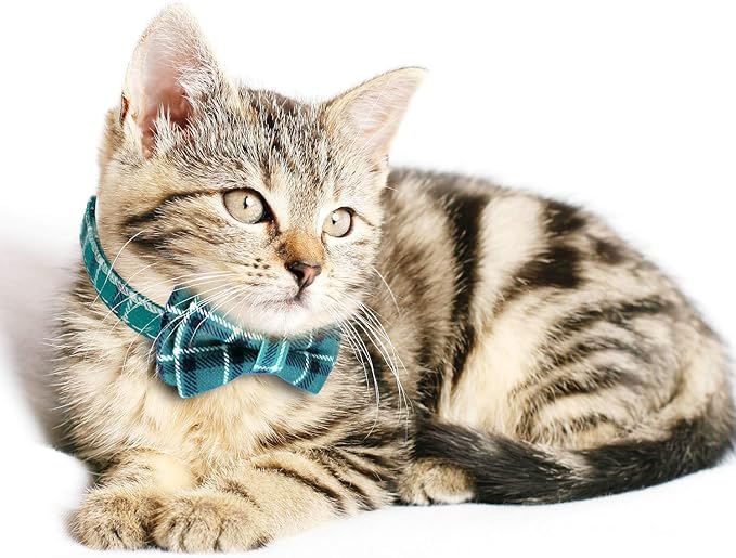 2 Pack/Set Cat Collar Breakaway with Cute Bow Tie and Bell for Kitty and Some Puppies, Adjustable from 7.8-10.5 Inch (Cyan-Blue+Blue-Gray, Plaid)