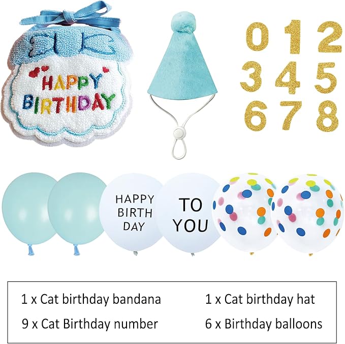 Reusable Cat Birthday Decorations Set - Adjustable Cat Birthday Hat & Bandana with Age Numbers | Kitty Celebration Kit for Memorable Milestones（Blue）