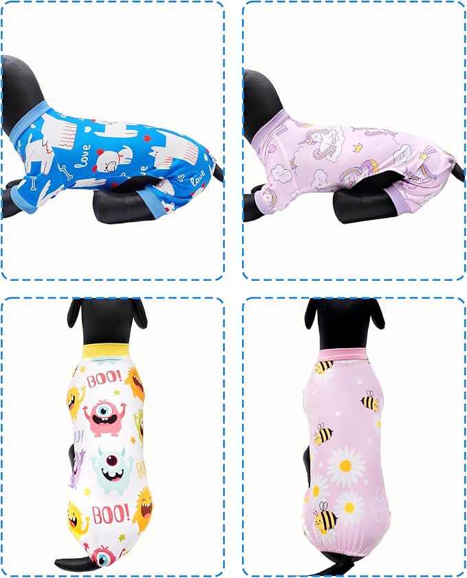 PET SHOW 4 Pack Dog Pajamas for Large Medium Dogs Girl Boy Dog Clothes Soft Stretchy PJs Bee Unicorn Jumpsuit Puppy Monster Paw Jammies Onesies Outfits with Sleeve Pets Costume, XL