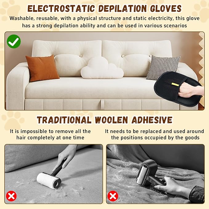 2Pcs Electrostatic Pet Hair Removal Gloves，Quick Wiping - Reusable & Washable for Sofa Clothing Pet Beds Effortless Cats & Dogs Hair for Busy Pet