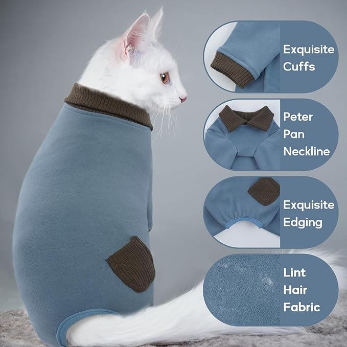 QBLEEV Sticky Hair Cat Clothes, Soft Cat Pajamas for Cats Only, Prevent Lost Fur Kitten Sweater Onesie, Stretchy Recovery Suit for Female Male Cats After Surgery Daily Wear, Sky, XXL