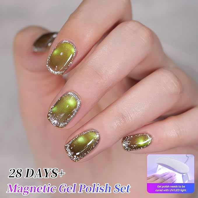 Born Pretty 15ML Spring Summer Cat Magnetic Eye Gel Nail Polish Set, 6 Colors Green Sea Blue Purple Bright Pink Burgundy Glitter Auroras Magnetic Gel Polish Jellyfish Effect 0.5 Fl.Oz