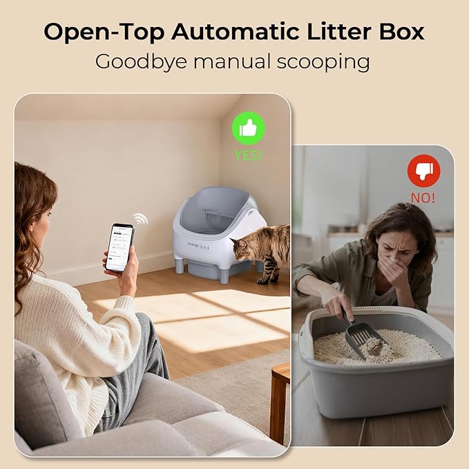 Invengo Automatic Cat Litter Box Self Cleaning, App Control, Open-Top Automatic Litter Box with Safety Sensors, Ultra-Quiet, 10.5L Waste Bin with Odor Control, 2 Rolls of Garbage Bags, Grey White