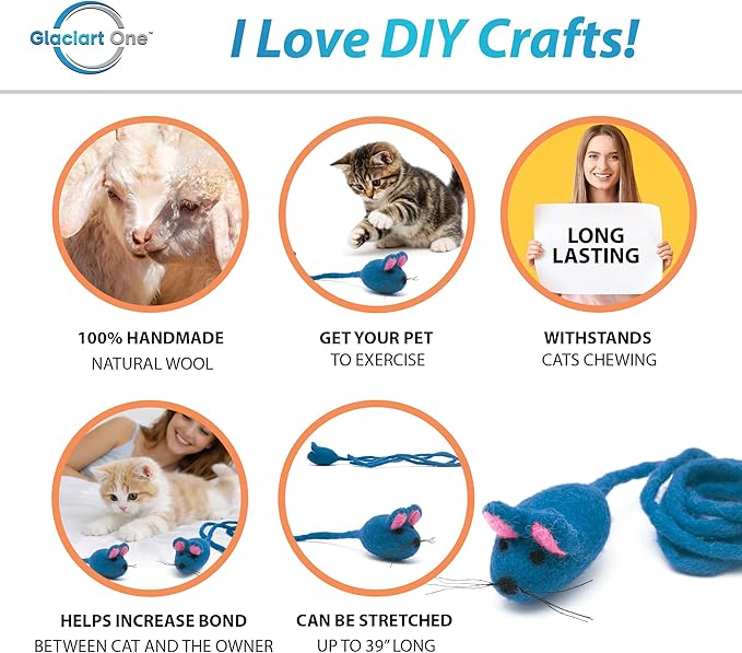 Glaciart One Felt Mouse Cat Toy – Soft Fuzzy Enrichment 100% Natural Wool - Interactive Catnip Play Cat Toy Set - Safe for Pets, Non-AZO Colored Dyes - 42” Long