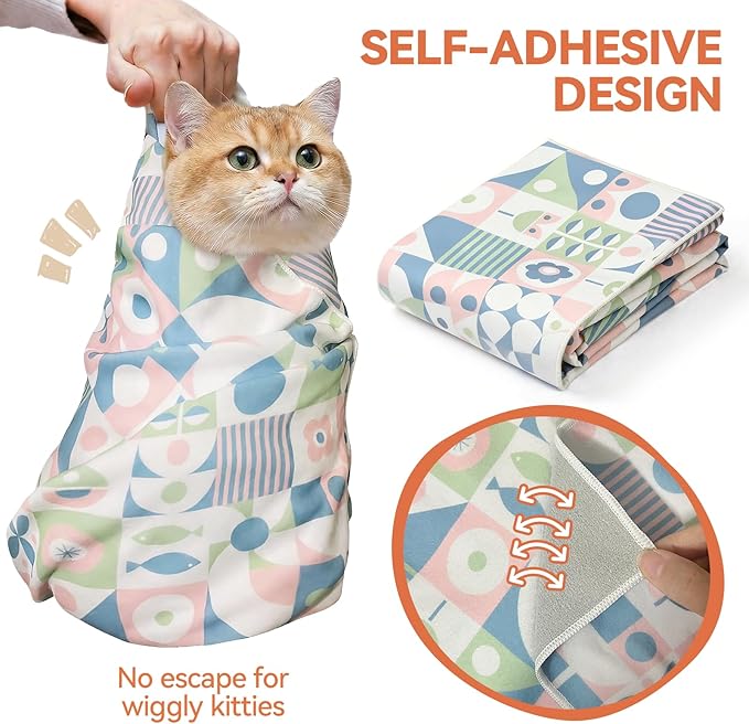 BFNN Cat Grooming Wrap for Cutting Nails, 21.6" Anti-Escape Calming Cat Swaddle Wrap for Medicine, Nail Clipping, Teeth Brushing, Ear Cleaning, Self-Adherent Burrito Restraint, (Geometric Fish, M)