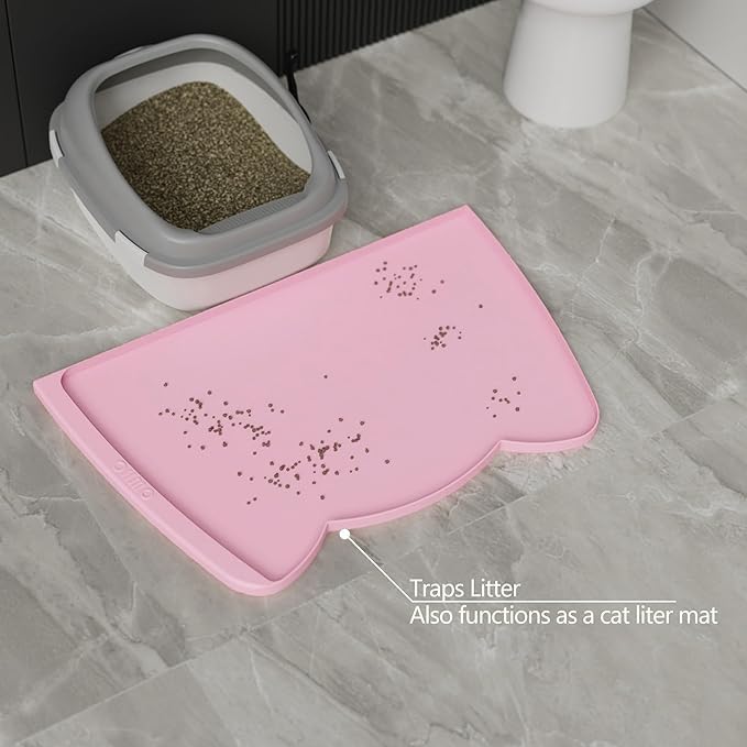 OHMO Dog Food Mat(Pink, 24 * 15'') w/Residue Collection Pocket Silicone Pet Feeding Mat for Floor High Edges Anti Spills Waterproof Cat Water Bowl Tray, Easy Clean Placemat