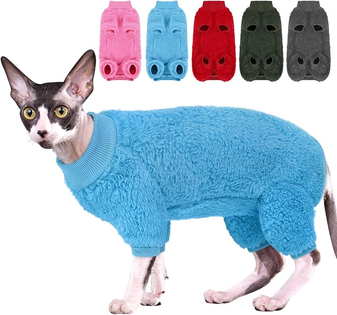 Sphynx Hairless Cat Sweater, Full Body Warm Fleece Sweaters with Sleeves for Cats, Soft Turtleneck Cat Clothes, Cozy Pullover Pajamas for Hairless Cats Devon, Donskoy & Small Dogs, Blue M