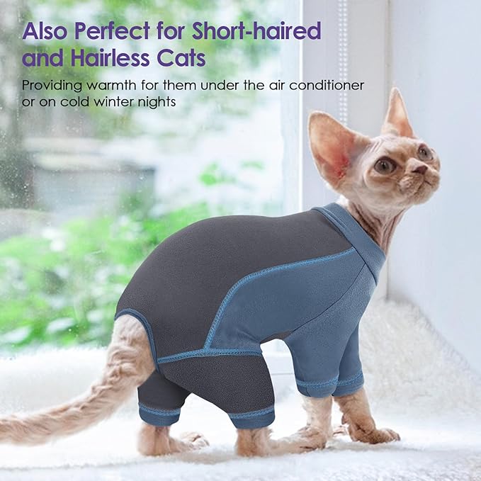 Hair Sticky Cat Clothes, Cat Sweater for Cats Only, 4-Legged Fleece Sweaters Kitten Pajamas Reduce Shedding Fur, Warm Pullover Shirts for Cats, Blue S