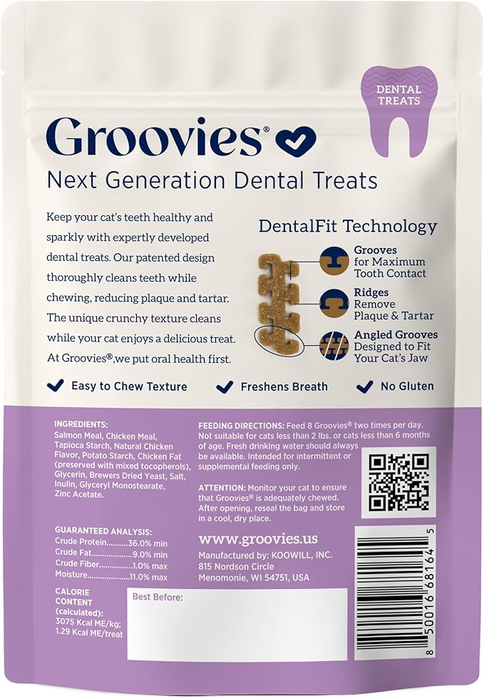 Groovies Cat Daily Dental Treats. Tasty, Crunchy Bites Cats Love. Salmon Flavor. Powered by USA-Patented DentalFit Technology. No Added Gluten, No Artificial Flavors or Colors. 1.76oz (115 Treats)
