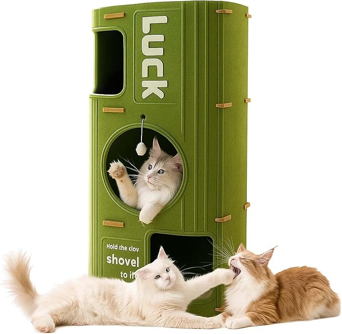 3-Tier Felt Cat House & Tunnel Bed for Indoor Cats – Enclosed Felt Cat Cave Condo with Plush Ball & Cushion – Cozy Hideaway Nest & Cat Furniture, Large Covered Casa para Gatos