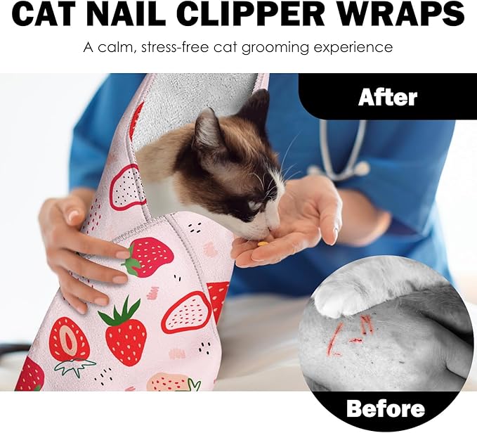 27.6"Cat Grooming Wrap, Self Adhesive Cat Wrap for Cutting Nails, Anti-Escape Cat Swaddle Wrap for Medicine Ear Cleaning, Strawberry Anti-Scratch Cats Burrito Restraint Blanket, Pet Tool (6-10 lbs)