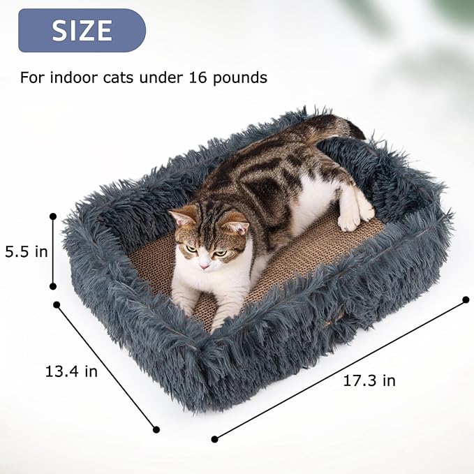 Fluffy Cat Scratcher Bed Box with Removable Cardboard, Corrugated Board Rectangular Cat Scratching Bed Lounge, Pet Scratch Pad for Furniture Protection (Dark Gray)