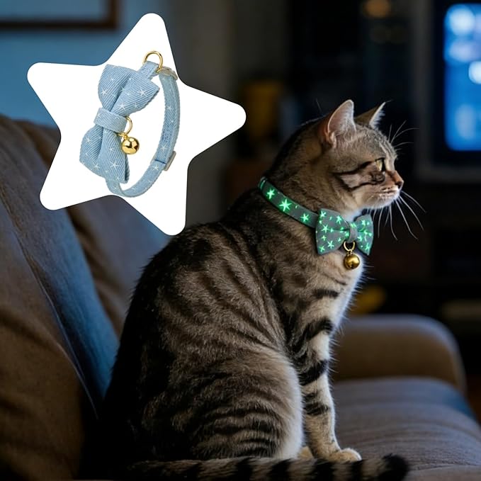 2 Pack Cat Collars with Bell,Glow in The Dark,Cute Star Bow Tie Collar for Cats,Adjustable Safety Breakaway Kitten Collar for Night Walking & Outdoor Use(Adult Cat,GD Star Blue)