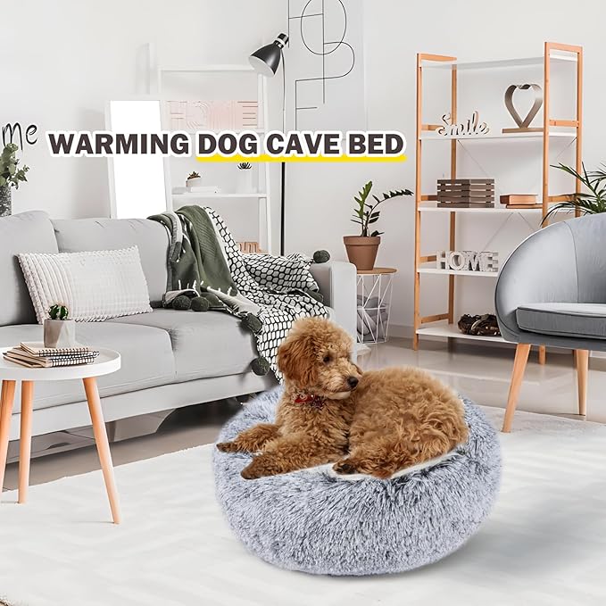 Cat Bed for Indoor Cats, Calming Cozy Cave with Self-Warming Plush, Entire Bed Machine Washable & Anti-Slip Base, Breathable Pet Bed for Small Cats&Dogs All Seasons (Grey, 22 * 22inch)