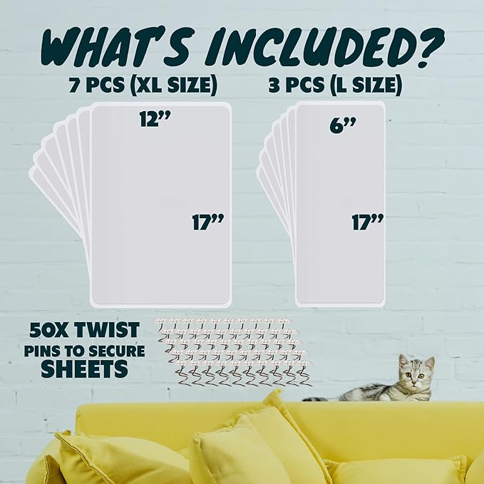 FixZilla Anti Cat Scratch Furniture Protector, 8-Pack Couch Protector from Cat Claws – Heavy-Duty, Easy-to-Apply Scratching Deterrent and Shield for Sofa Corners, Walls, and Doors- with 50 Twist Pins