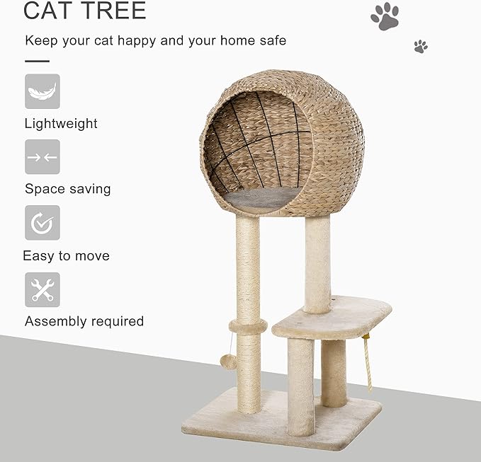 PawHut Cat Tree with Sisal Scratching Post Condo and Hanging Rope 39" H, Beige