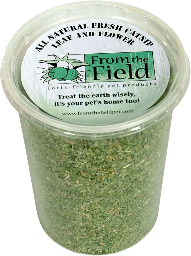 from The Field | Organic Catnip Leaf & Flower Blend for Cats & Kittens | Fresh USA-Grown, Highly Aromatic, Non-Toxic, Eco-Friendly | 3.5 oz Resealable Tub for Long-Lasting Potency & Active Playtime