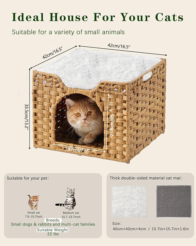 SETVSON Cat Beds Indoor Kitten House, Handwoven Rattan Cat Cave Pet Cube, Large Cat Houses, One Bed Mat, Foldable, Hideaway, 16.5x16.5x13.2 Inches, 2 S-Shaped Hooks in Living Room Bedroom Natural