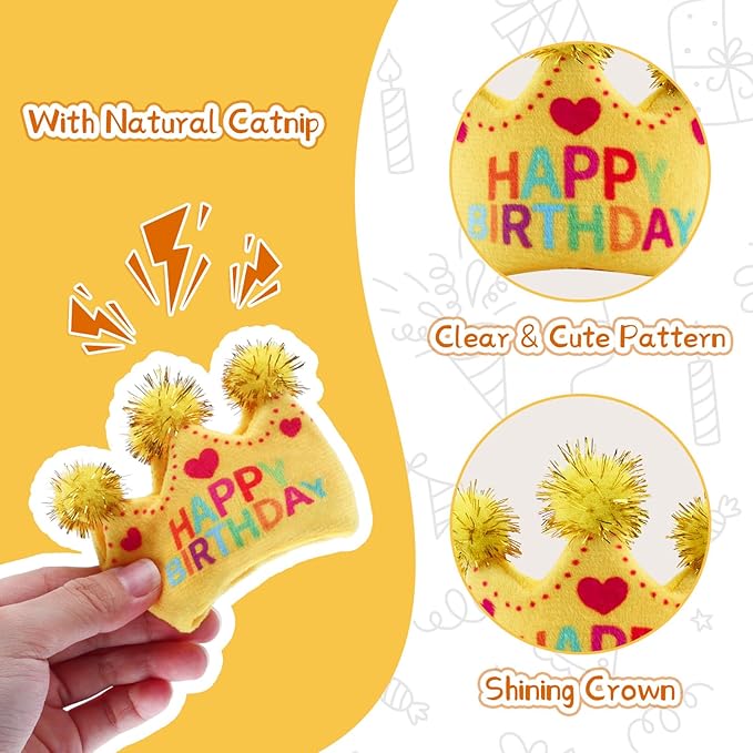 ADABOO 4PCS Cat Birthday Toy Set, Birthday Cake and Crown, Plush Catnip Toy with Crinkle Paper & Tinsel, Soft Interactive Toy, Perfect for Cat Lovers