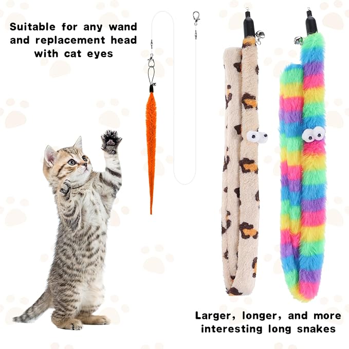 Cat Worm Toy, 12 PCS Cat Wand Toy Accessories Including Worm & Snake Refills Set, 2PCS Replacement String for Cats Fishing Pole Toys, Assorted Feather Toys Attachments Teaser for Indoor Cats Kitten