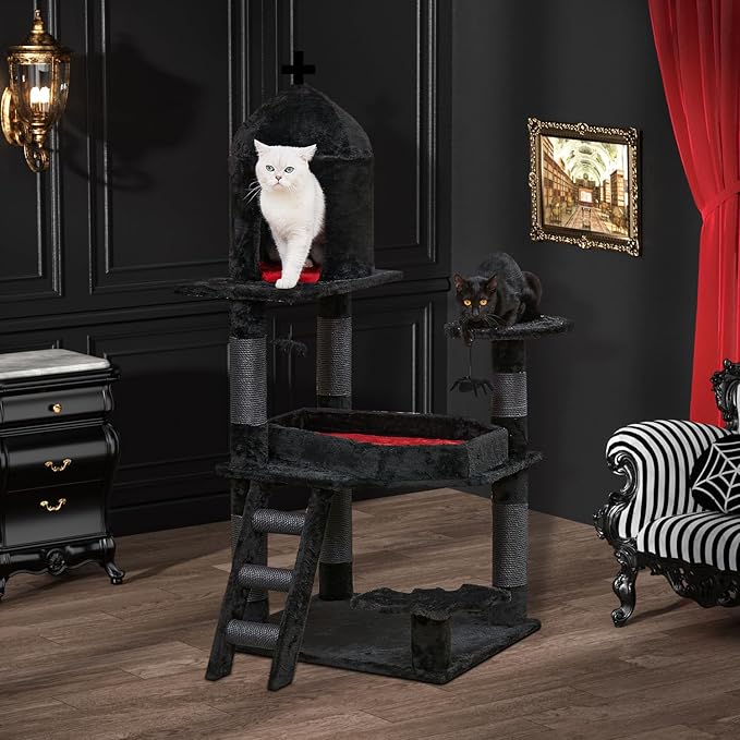 YARUOMY Gothic Cat Tree with Coffin Bed，55" Cat Tower with Spacious Cat Condo，Scratching Posts，Spider Hanging Ball，Multi-Level Cat Activities Furniture for Large Cats, Black Halloween