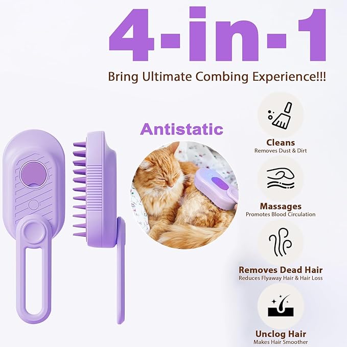 Cat Steam Brush for Shedding, 2026 New 4 in 1 Rechargeable Steam Pet Brushes for Cats & Dogs, Indoor Anti-static Pets Brush for Massage, Cleaning, Shedding & Combing Hair (Purple)