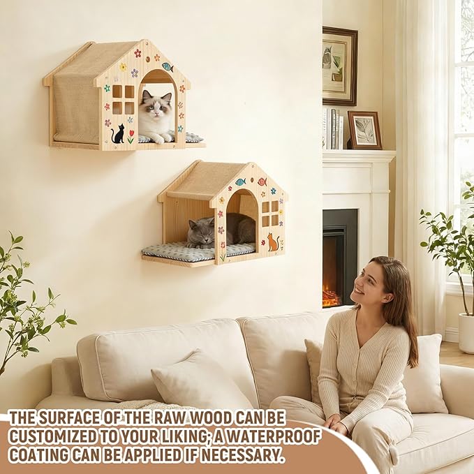 2 Pack Wall Mounted Cat Furniture, 16.5"x11" Solid Wood Cat Wall Shelves with Pillow Cushions, Wall-Mounted Box Condo House Perches, Stable Design for Small to Medium Cats, Space Saving