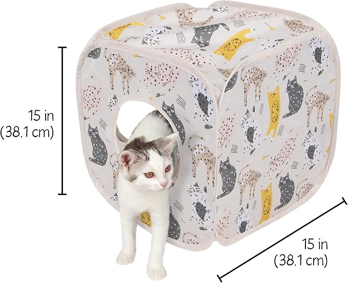 Kitty City Cat Print Pop-Up Play Cube, Collapsible Indoor Hideout with Peekaboo Openings, Lightweight Foldable Cube for Play & Lounging, Pink