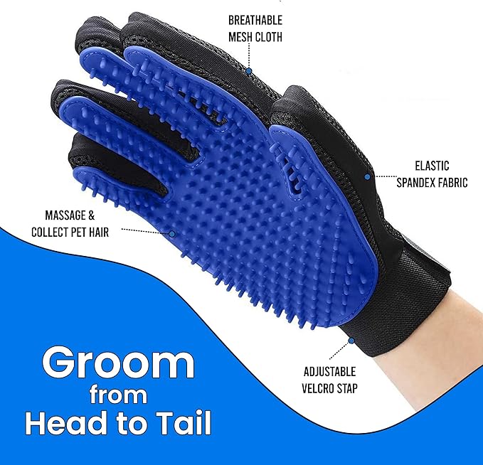 Blue Pet Hair Remover Gloves - 1 Pair, Pet Grooming Gloves | Cat Hair Remover | Gentle Deshedding Brushes for Dogs, Cats & Horses | Dog Washing Gloves