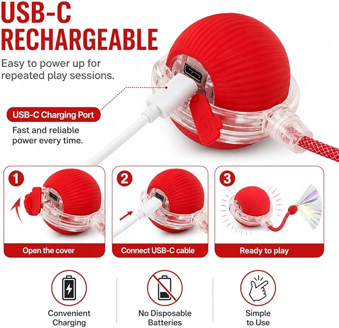 Interactive Cat Toy Ball with LED Lights, USB-C Rechargeable Automatic Cat Toy with Feather Tail, Smart Exercise Toy for Indoor Cats & Kittens, Upgraded Version