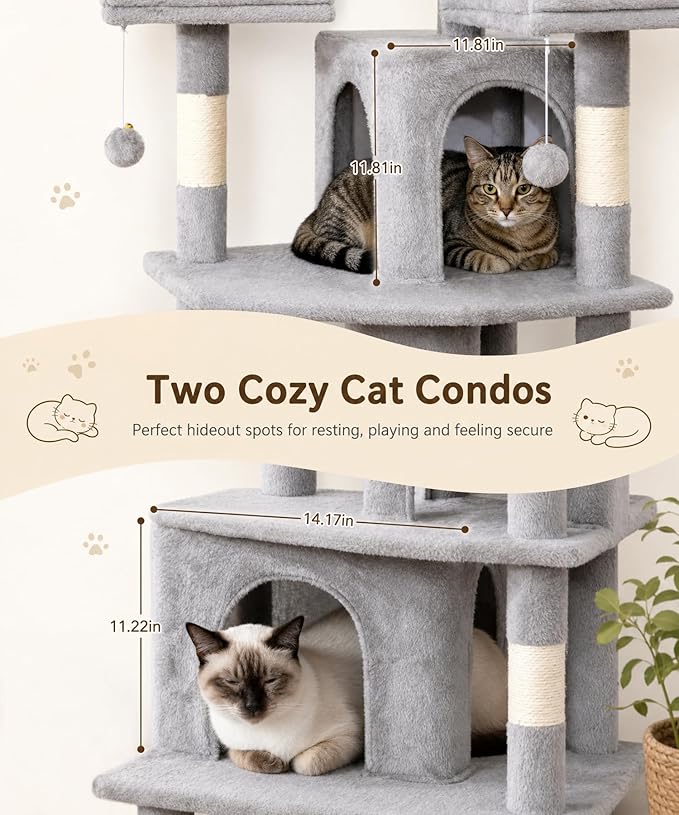 Heavy Duty Cat Tree for Indoor Cat, 71 Inch Large Cat Tower with Scratching Post and Top Perch, Hammock, Big Cat Condo for Adult Cats Kittens, PMT03GY, Grey