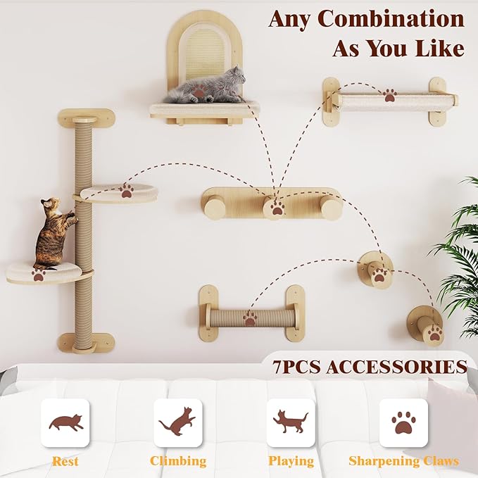 BYBYME 7 Pcs Wall-Mounted Cat Shelves, Multi-Level Sturdy Climbing Frame with Scratching Posts, Kitten Platform & Cat Bed for Playing & Resting, Solid Wood Indoor Cat Room Tree（Natural Wood）