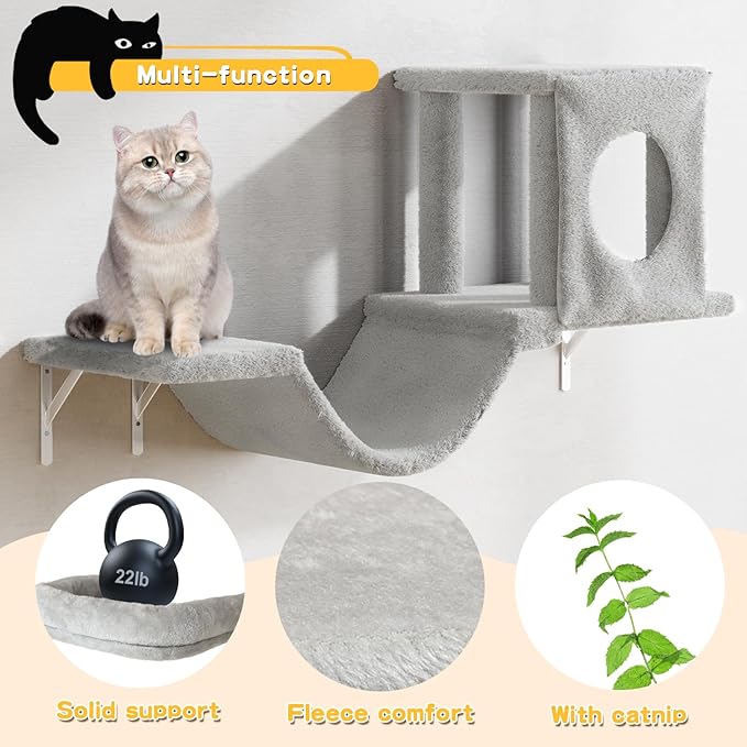 NUNU LAB Cat Wall Shelves, 6 Pcs Luxury Wall-Mounted Cat Climber Set, Indoor Cat Furniture with 1 Condos House, 2 Cat Wall Shelves, 1 Scratching, 1 Bridge Ladder, 1 Scratching Pad, Silver Grey