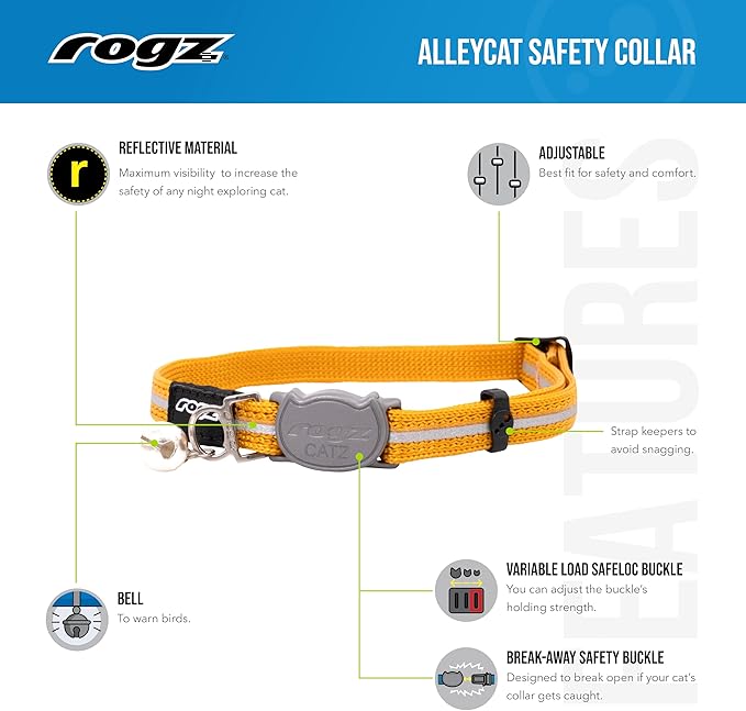 Rogz Reflective Nylon Cat Collar with Breakaway Clip and Removable Bell, fully adjustable to fit most breeds, Red