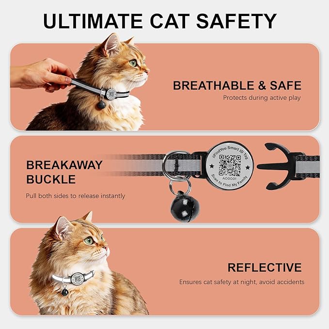 3 Pack Breakaway Cat Collar with Safety Bell & Reflective Strips | QR Code ID Tag & Name Plate | Adjustable for Kittens Black&Blue&Pink