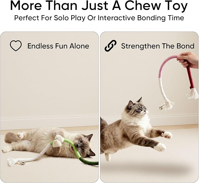 4 Pack Interactive Cat Chew Rope Toys - Durable Hand-Woven Cotton Teaser Sticks with Jingle Bells - Safe Teeth Cleaning & Teething Toys for Indoor Cats, Kittens, and Aggressive Chewers