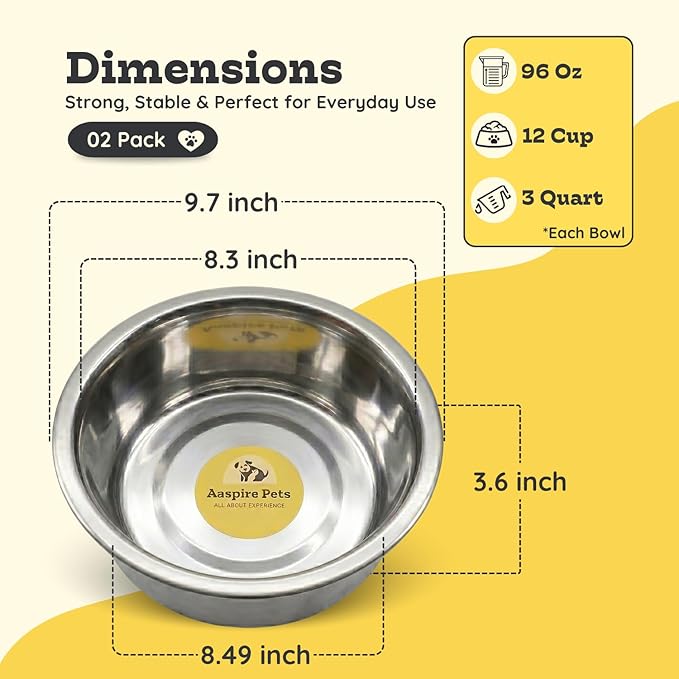 1 Pack Shallow Stainless Steel Cat & Dog Bowls, 12 Cup (96oz), Heavy Duty Pet Feeder Replacement Bowl, Rust Resistant Metal Cat Dishes for Food & Water