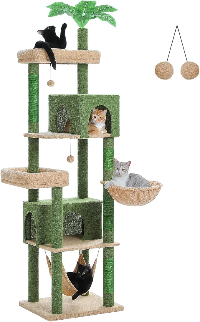 74.8" Cactus Cat Tree with Anti-Toppling Kit, Stable Multi-Level Cat Tower with Dual Condos, Sisal Scratching Posts & Deep Hammock, Large Cat Furniture for Multi-Cat Household, Grey