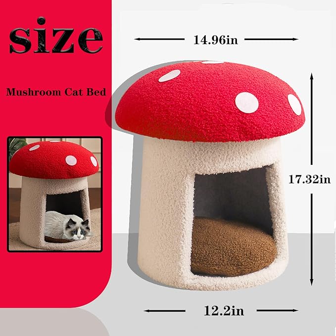 Mushroom Cow Cat Bed House for Indoor Cats & Small Dogs - Soft Cave-Style Pet Nest with Removable Washable Cushion, Plush Semi-Enclosed Cat Cave Tent, (red and White, Sturdy)