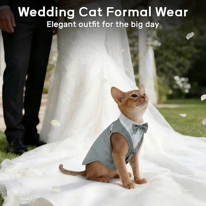PUMYPOREITY Cat Tuxedo Suit Formal Wear with Bow Tie, Soft Skin-Friendly Cat Costumes for Cats Only, Elegant Outfit for Male Female Cats, Perfect for Wedding Birthday Photo Shoots, XL, Grey