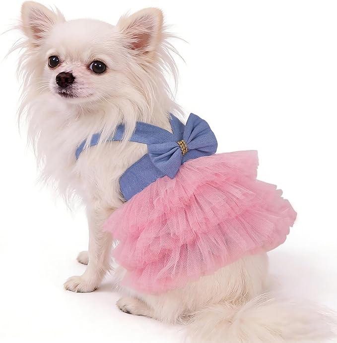 Dog Dress, Fashion Puppy Tutu Princess Dresses for Small Dogs Girl, Sweet Skirt with Dog Bowknot Clips, Spring Dog Cat Clothes Pet Apparel (Denim Dress Tutu, XX-Small)