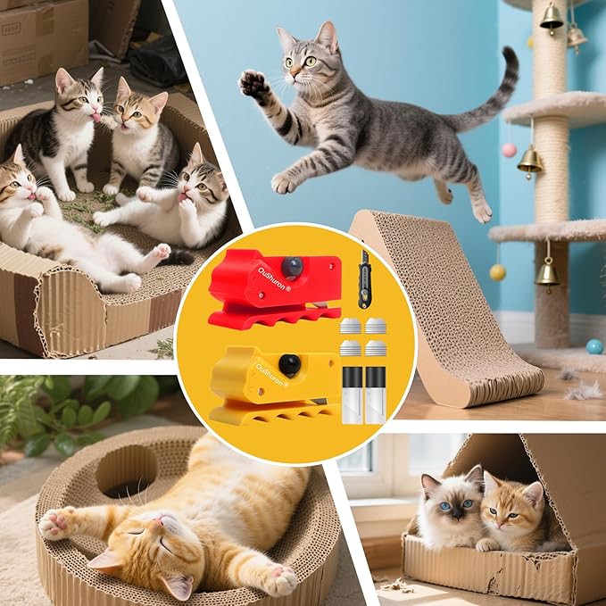 2PCS Cardboard Cutter for Cat Scratchers, DIY Cardboard Strip Cutter with 20 Spare Precision Inserts & Craft Knife for Custom Cat Beds, Furniture & Scratch Pads (Red & Yellow)