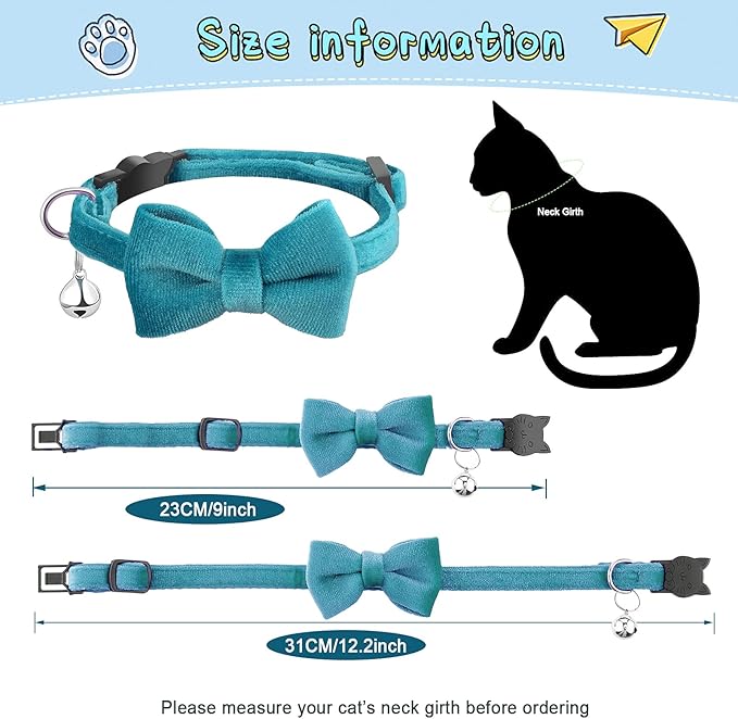 4 Pieces Cat Bow Tie Collar with Bell Breakaway Cat Comfortable Velvet with Cute Safety Pet Collar for Pet Kitten Puppy(Small,Yellow, Green, Rose Red, Blue)
