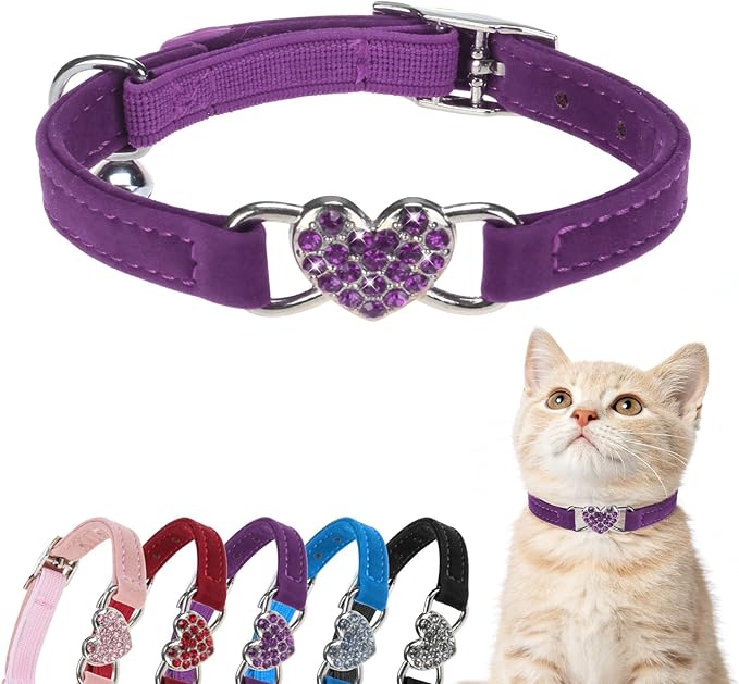 BINGPET Diamond Cat Collar,Adjustable Soft Velvet Leather Safe Kitten Collar with Crystal Heart Charm and Bells,Girl Boy Bling Stylish Cat Collars with Safety Elastic (Purple, Neck Girth 8"-10")