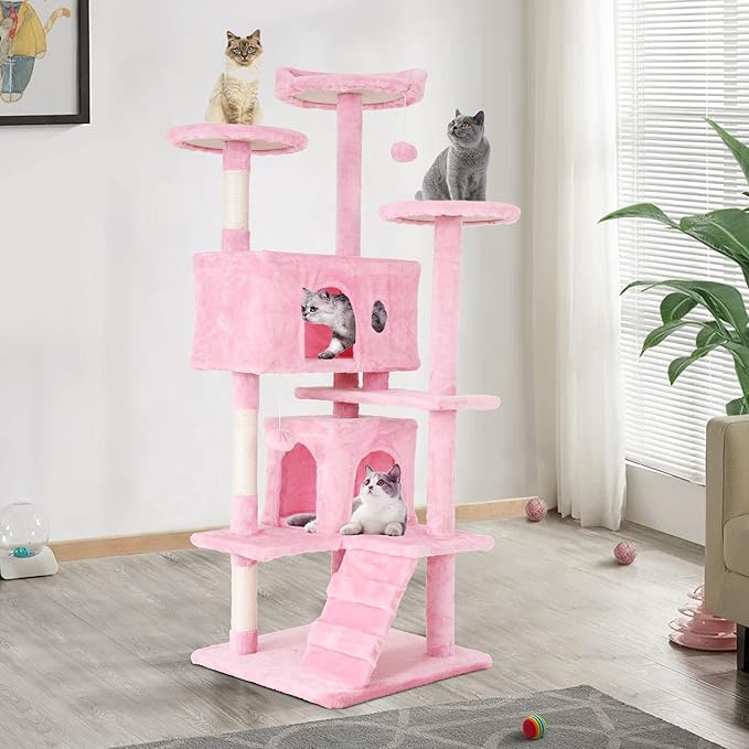 54 Inch Tall Cat Tree Tower - Multi-Level Cat Condo with Scratching Post, Toys & Rest Area, Pink