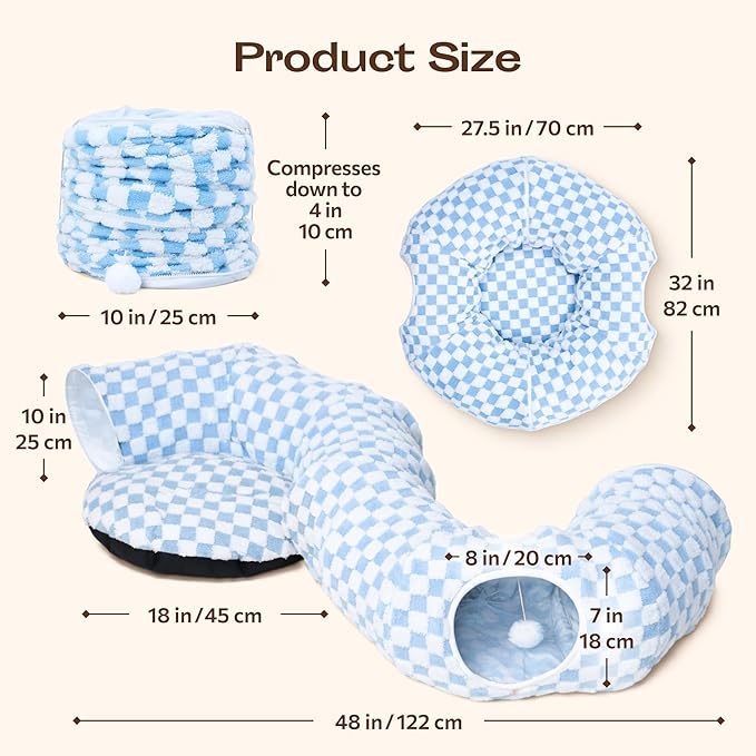Meowfia Indoor Cat Tunnel with Donut Bed - Large Flexible Play Space for Multiple Pets - Circle or Snake Shape, Cozy Lounge (Azure Check)